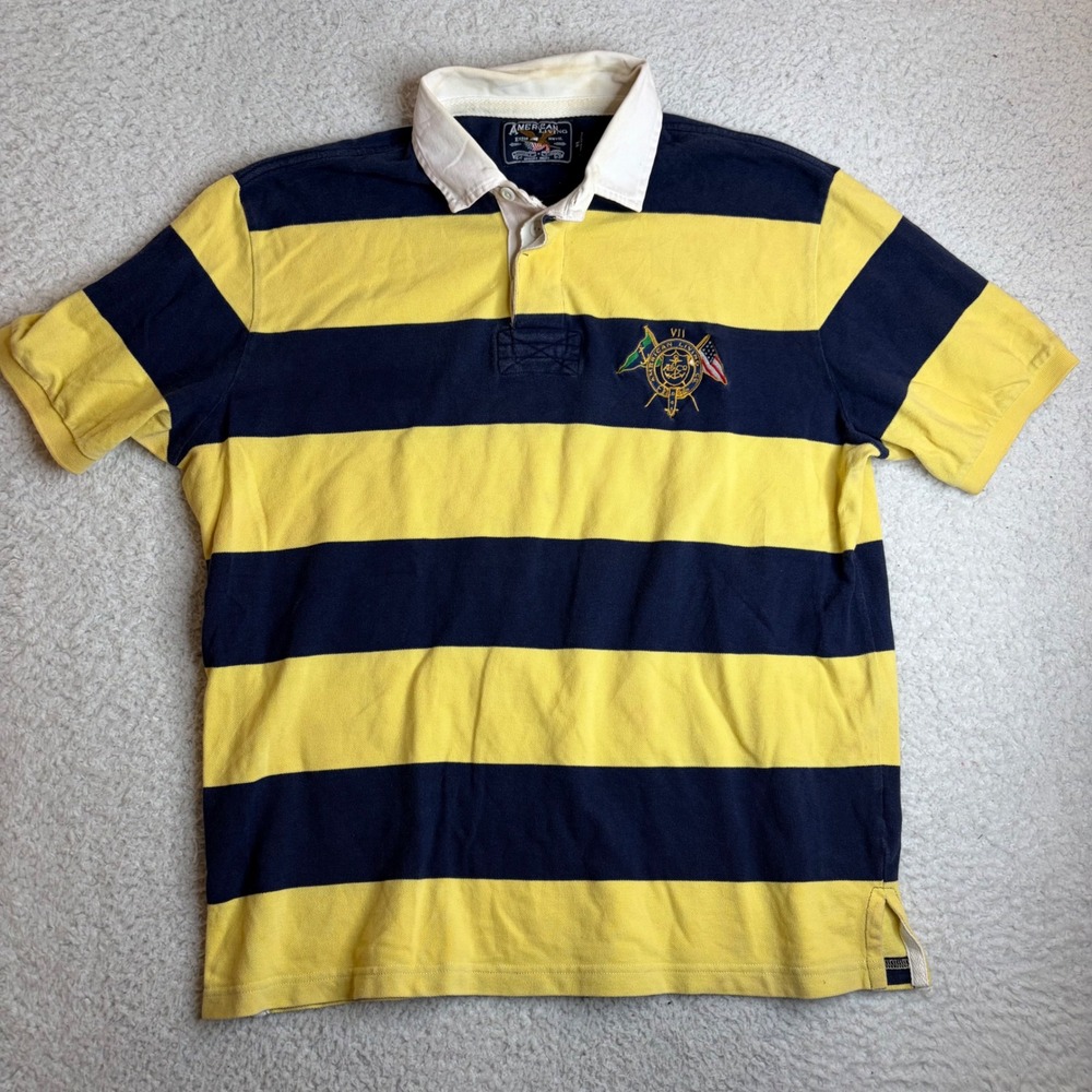 American Living Mens XL Rugby Polo Shirt Yellow Navy Blue Striped Crest Nautical